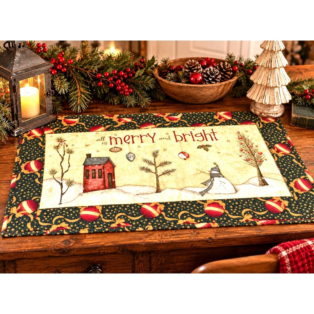 Handmade Christmas Table Runner All is Merry and Bright Folk Art Snowman 15x27